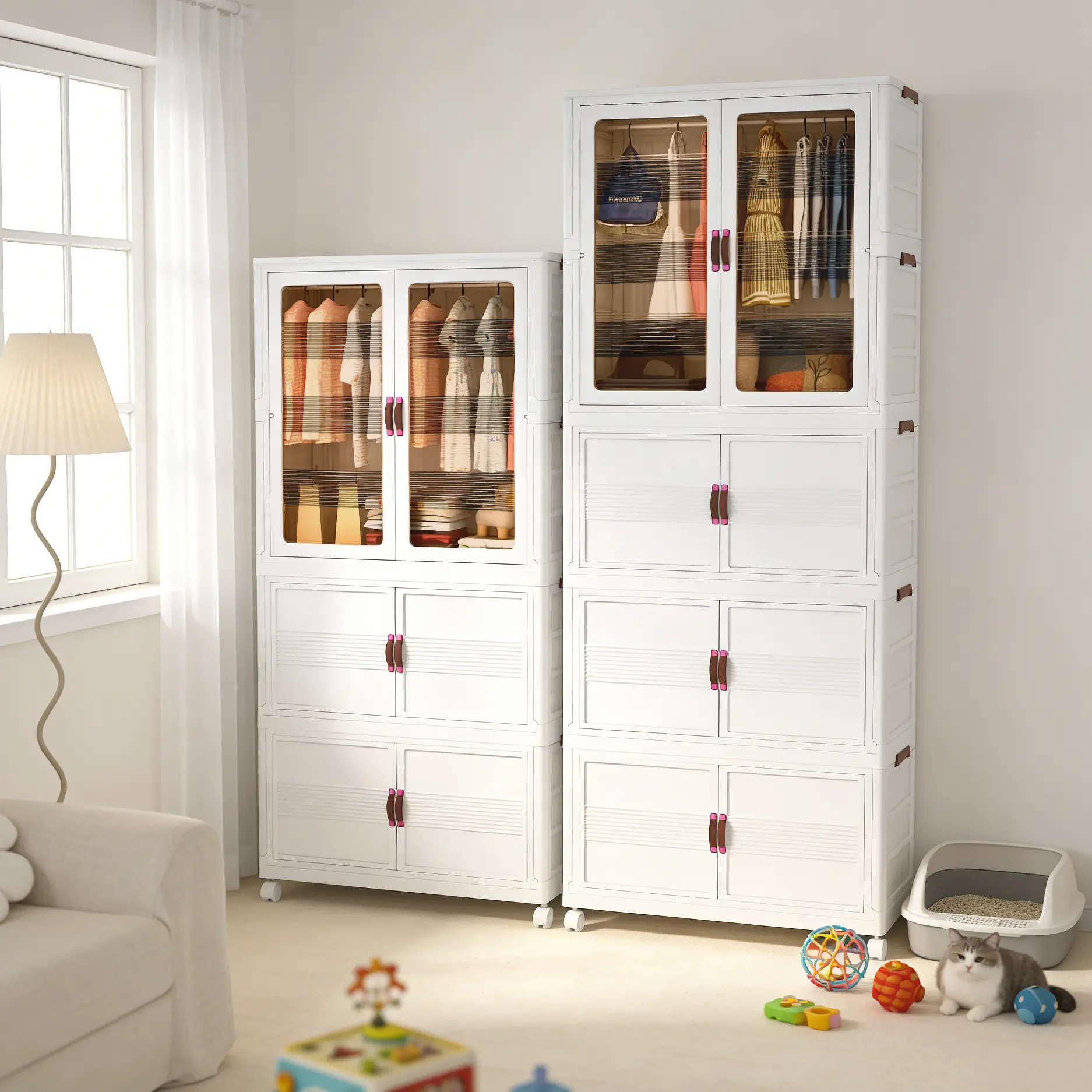 Foldable Plastic Closet Storage Wardrobe - Eco-Friendly Degradable Organizer Box with Magnetic Doors, Lockable Wheels, Stackable Design for Bedroom, Offices