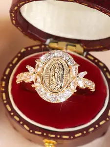 Elegant Virgin Mary Design Ring, Fashion Artificial Zircon Decor Ring for Party, Daily Decor, Trendy All-match & Exquisite Jewelry for Birthday Gift, Marquise Cut Ring