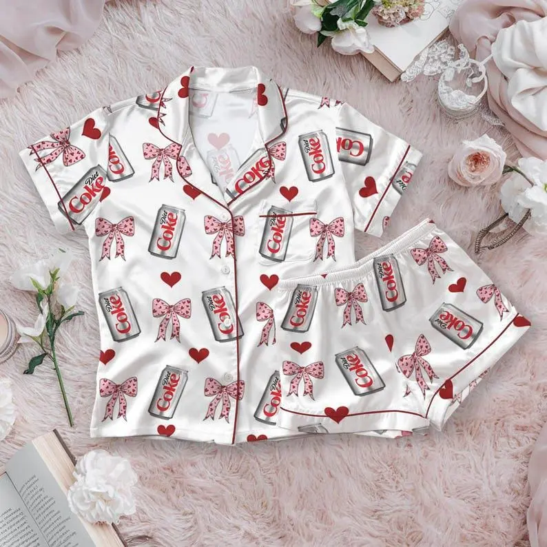 Diet Coke Women’s Satin Pajama Set, Pink Bow and Heart Print Short Sleeve Button-Up Sleepwear with Elastic Waist Shorts, Gift for Her