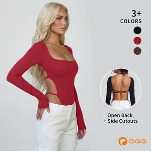OQQ Women's Sexy Long-Sleeve Square Neck Bodysuit Top with Criss-Cross Back Fashion-forward Stylish Design for Trendy