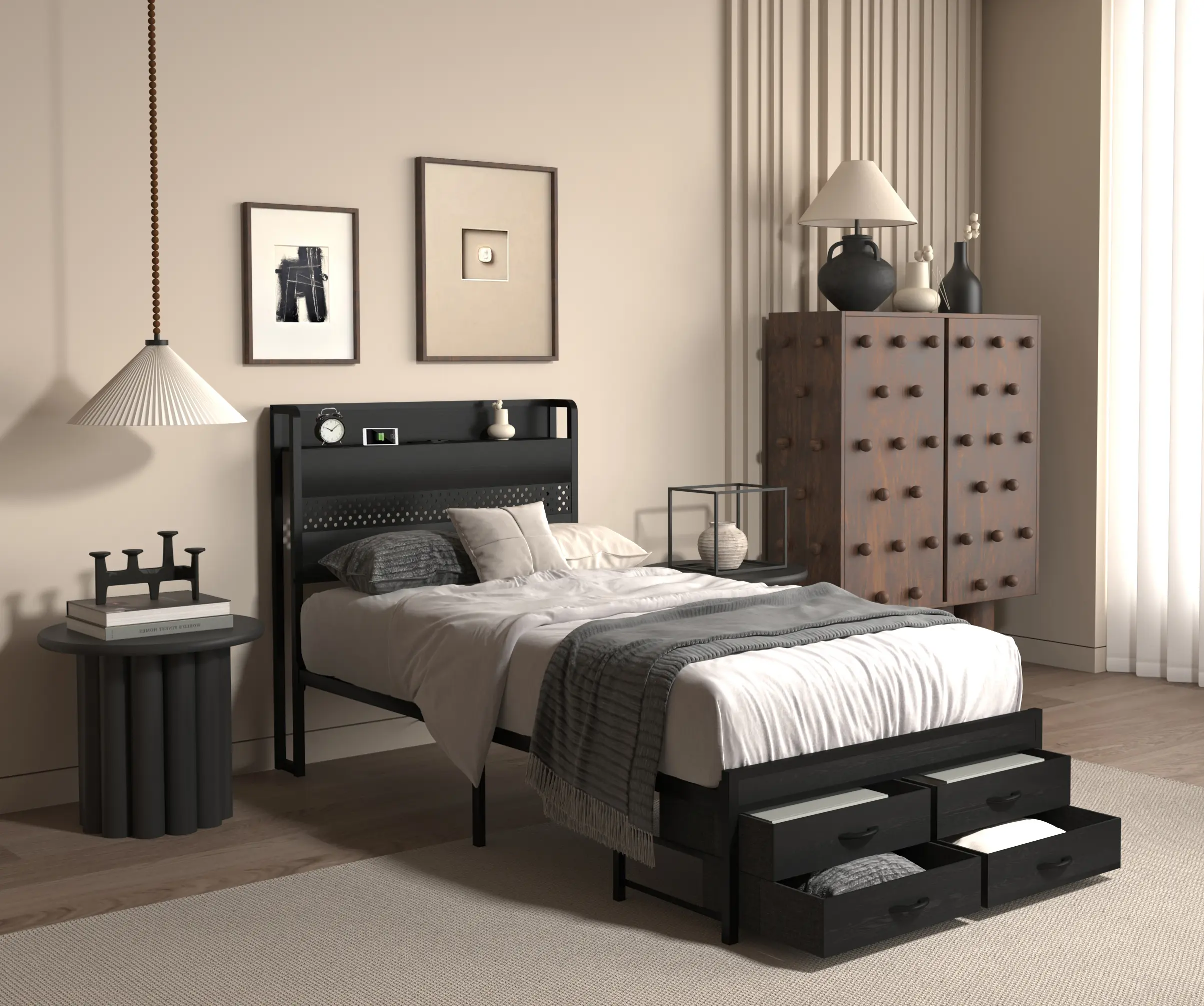 Black Metal Twin Platform Bed Frame with Headboard, Hidden Storage Drawers, Stable Structure, LED Lights, USB Port (Platform Bed Design Included)