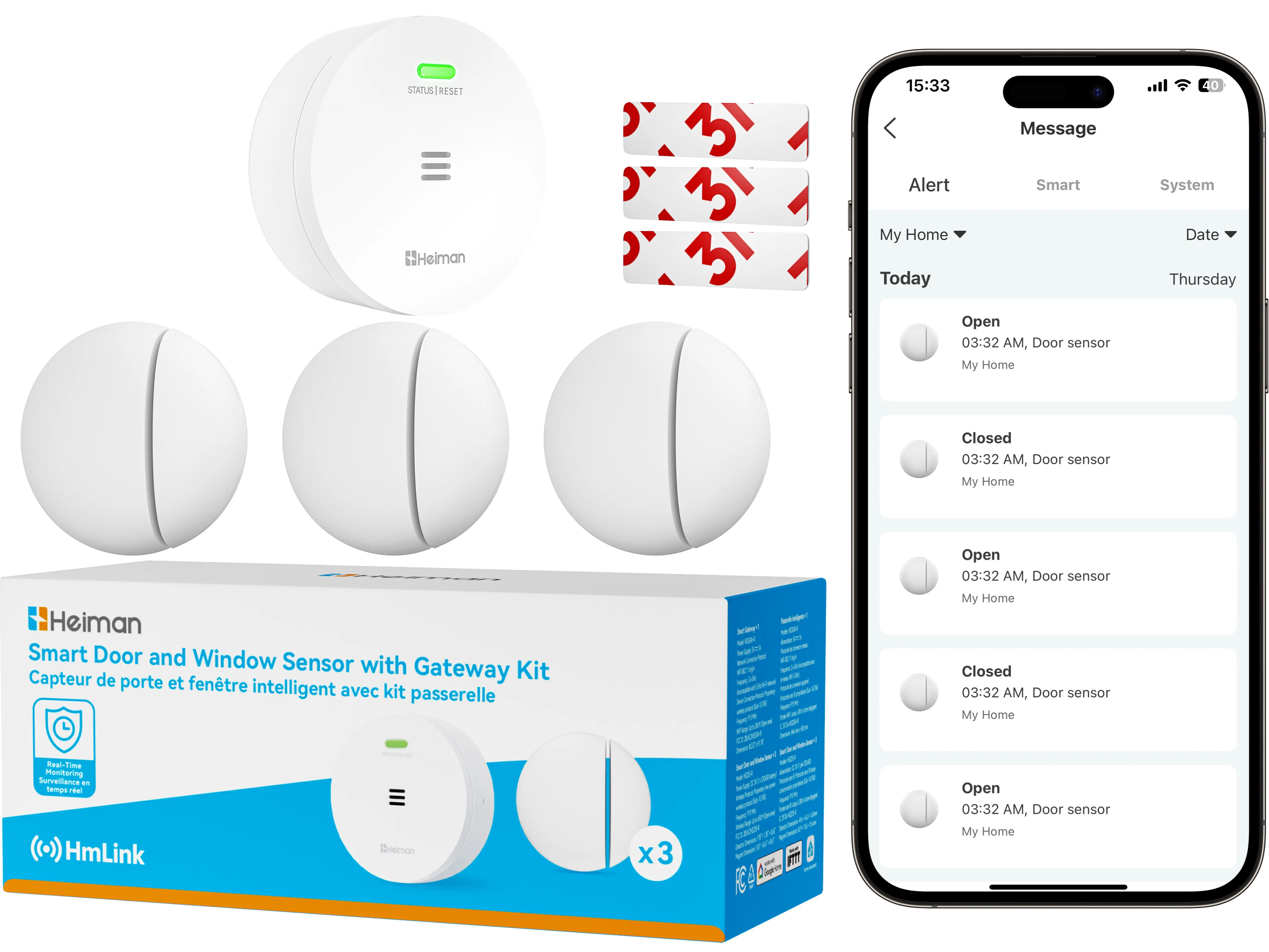 Heiman Door Window Sensor, 915MHz RF, Doorbell Ring Compatible, Gateway-Only Use, 1-Pack Supplement Kit for Indoor & Outdoor Home Security