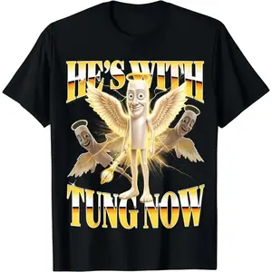 Men’s 100% Cotton He's With Tung Now Y2k Bootleg Tung God Brainrot Meme T-Shirt Unisex Easywear Cotton Shirt