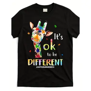Autism Awareness Puzzle & Giraffe T-Shirt - "It's OK to Be Different" Slogan, Unisex 220gsm Pure Cotton Retro Round Neck Tee, for men & Women, Neurodiversity Apparel
