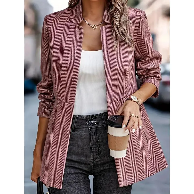 NEWWomen's Herringbone Blazer with Thickened Shoulders, Single-Button Long Sleeve Business Casual Work Jacket
