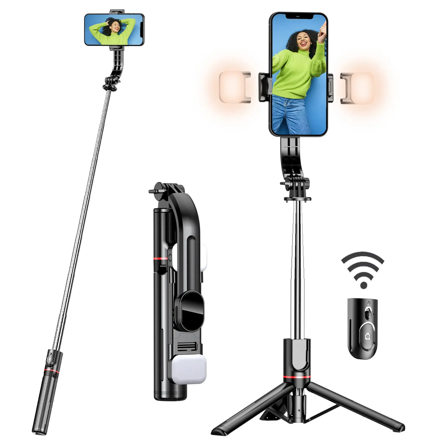 45-in Selfie Stick Tripod, Portable Smartphone-Cellphone Mobile Accessories with Detachable Fill Light, Outdoor-Use Compatible with iPhone and Android
