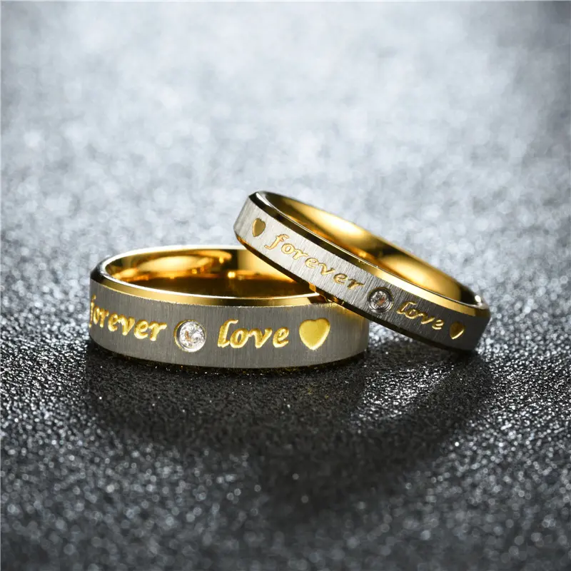 Retro Stainless Steel Couple Wedding Ring Set - Diamond-Encrusted Beveled Bands with "Forever Love" Decorative Engraving, Romantic Anniversary Gift for Couples, Rings for Women