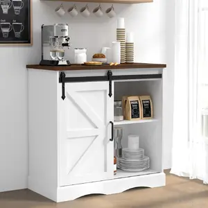 31.5" H Farmhouse Coffee Bar Cabinet with Sliding Barn Door – White Buffet Sideboard with Adjustable Shelves for Kitchen or Living Room