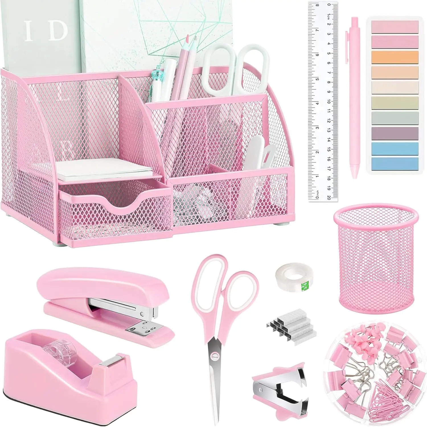 Pink Office Desk Accessories Supplies, 12 count Desk Organizers and Accessories with Tape dispenser and Stapler,Staples,Staple Remover,Pen Holder,Scissor,Ruler,Sticky Tabs,Tape,Ballpoint Pen,Clips Set