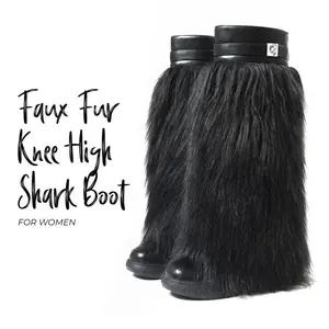 Womens Knee High Boots Wedge Heels Rounded Toe  Faux Fur Shark Boot Pull On Comfy Working Party Casual Outing Spring Shoes