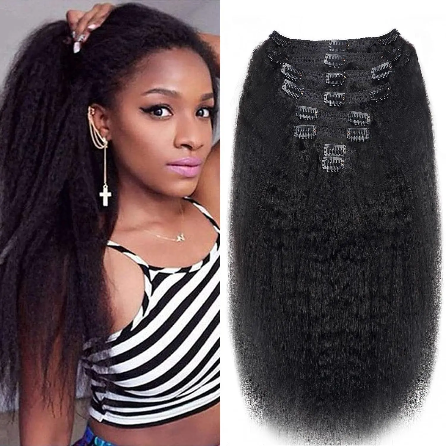 Kinky Straight Clip in Hair Extensions Real Human Hair 8pcs 18 Clips Yaki Straight Clip Ins 18Inch 100g Full Head Hair Extensions Brazilian Remy Hair Double Weft Natural Black