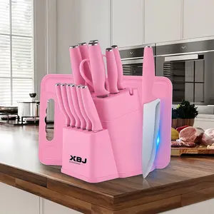 XBJ Premium 15-Piece Stainless Steel Kitchen Knife Set (with Built-in Sharpener): Including Chef's Knife, Japanese-Style Knife, Meat Cleaver, Bread Knife, Steak Knives and Scissors. The plastic handles are washable, making it an ideal gift choice. Block