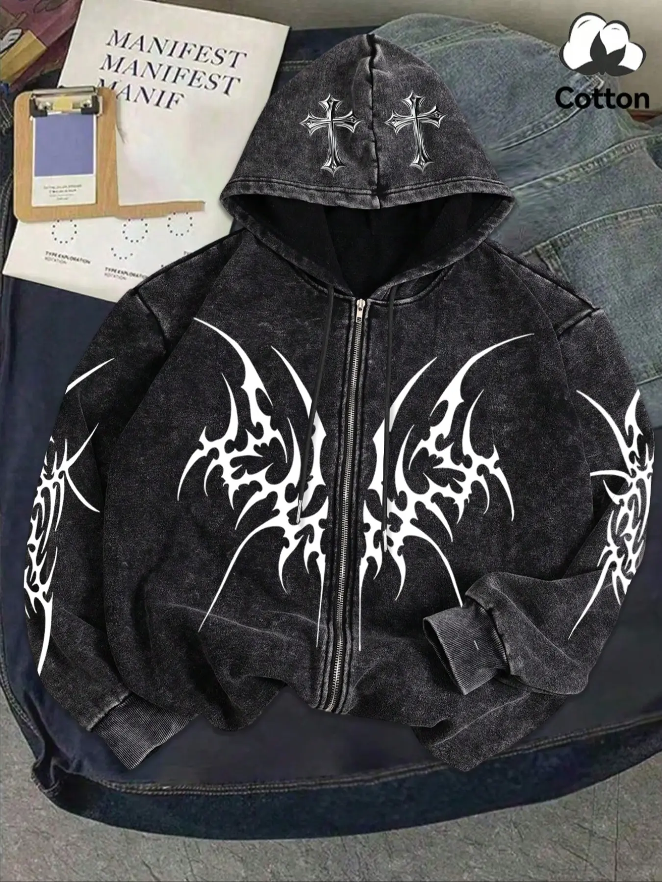 Unisex Washed Vintage Snowflake Hoodie, Sweatshirts, Long Sleeves, High-Quality Cotton Fabric, Soft Comfortable, Fit, Thorn Cross Print, Casual Everyday Fall & Winter Wear