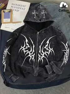 Unisex Washed Vintage Snowflake Hoodie, Sweatshirts, Long Sleeves, High-Quality Cotton Fabric, Soft Comfortable, Fit, Thorn Cross Print, Casual Everyday Fall & Winter Wear