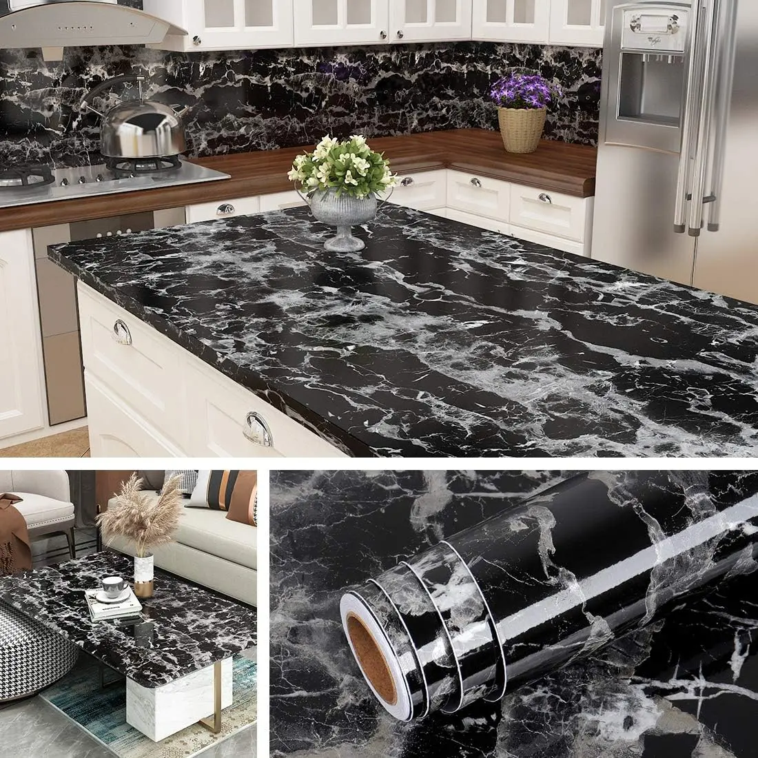 Peel and Stick Countertop Contact Paper  Kitchen Countertop Paper Black Marble Wallpaper Bathroom Counter Top Vinyl Wrap Desk Table Cabinet Covers Removable Backsplash 15.8x78.8