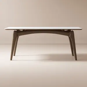HERNEST Mid-Century Modern 70 Inch Rectangle White Sintered Stone Dining Table with Unique Ash Wood Wooden Legs