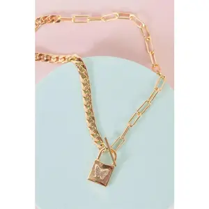 Gold Chunky Clip Padlock Pendant Rhinestone Butterfly Toggle Necklace