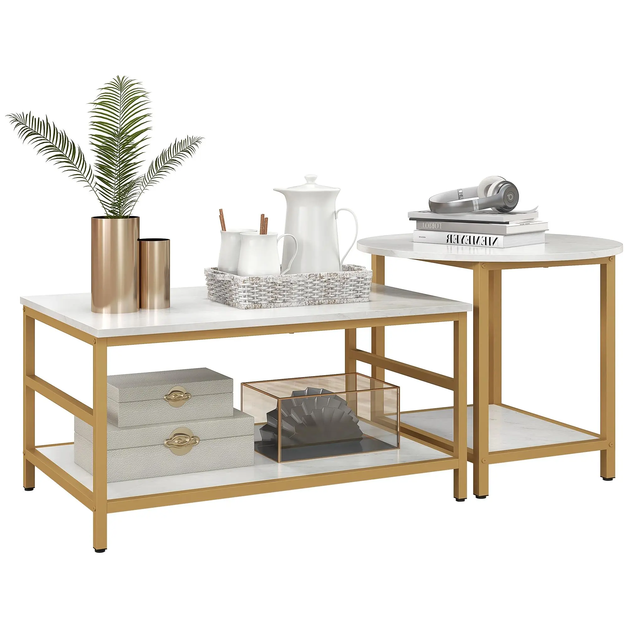 HOMCOM Coffee Tables Set of 2, 2-Rier Rectangle and Round Coffee Table with Storage Shelves, Faux Marble Top and Steel Frame, Sofa Side Table for Living Room, White