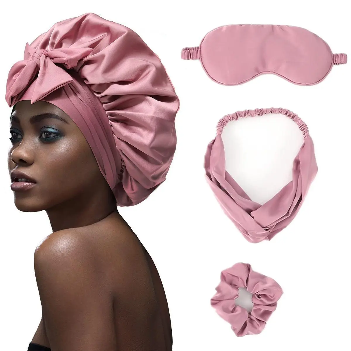 Women's 4-Piece Silk-Like Satin Bonnet Set - Haircare Sleep Cap with Adjustable Strap, Anti-Hair Loss, Reduces Friction, Includes Night Mask, Hairband, Scrunchie, Elastic, Casual, Daily, Evening, Everyday, Sleeping Mask Strap, Hair Styling Accessories, Ha