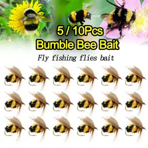 5/10Pcs Artificial Insect Bumble Bee Fly Fishing Bait Salmon Flies Trout Dry Fly Fishing Lure Fishing Hook-Material Artificial Feather&Rayon