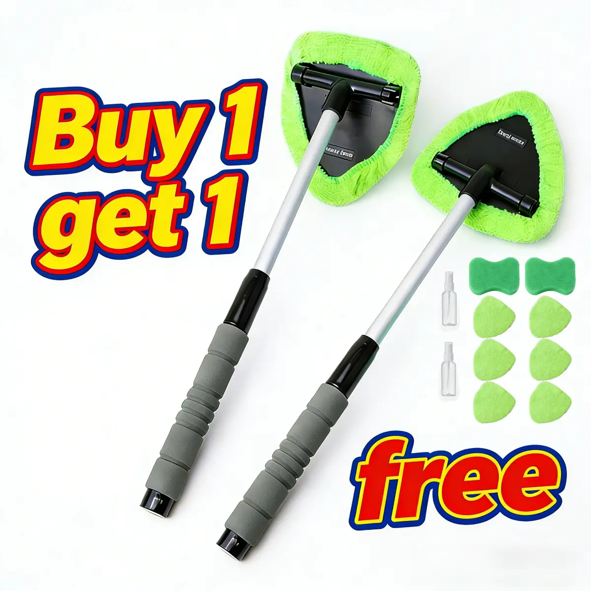 GMOX 2Pack Windshield Cleaning Tool with 4 Reusable Microfiber Pads & Extendable Handle for Car Window & Glass Wiper Kit Green