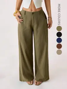 Slimming Magic Pants! Lightweight Linen Straight-Leg Wide-Leg Pants For Spring And Summer, Featuring A High-Waisted Back Elastic Band With Large Pockets, Designed For A High-End Office Look