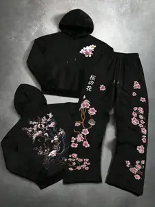 Men's 2-Piece Fashion Casual Floral Set with Cherry Blossom Hoodie and Drawstring Wide Leg Pants, Loose Fitting for Spring & Fall Sports Wear