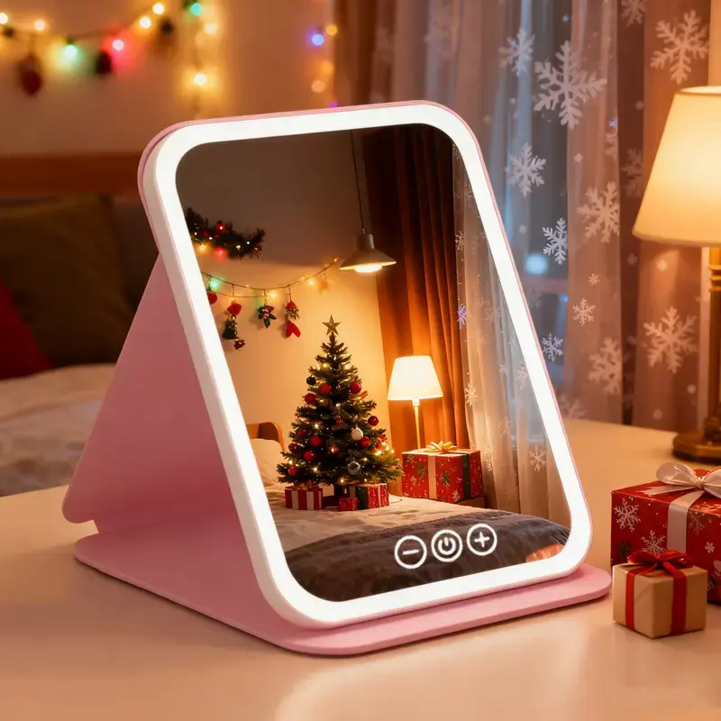 Rechargeable LED Travel Makeup Mirror with Three Lighting Modes Touch-Sensitive Controls Adjustable Brightness USB Power Cable Portable Design for Travel - Decor
