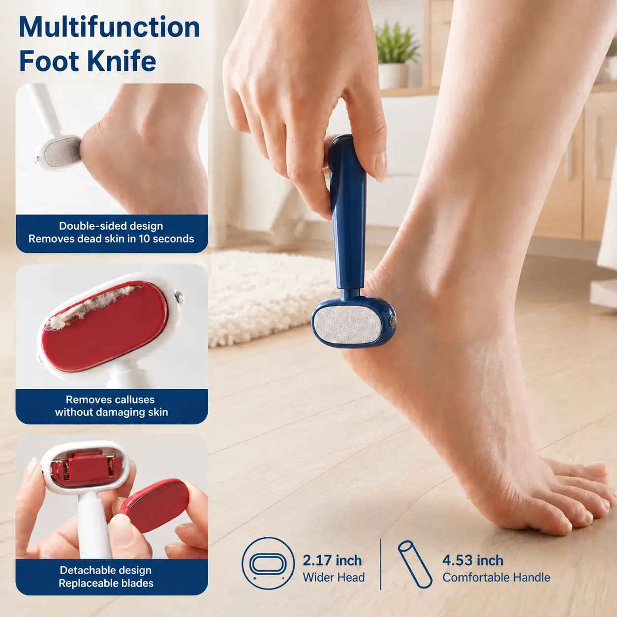 Dual‑Sided Foot Callus Remover, Replaceable Stainless Steel Blade Foot Scraper, Portable Manual Dead Skin Corn Remover, Safe Heels Exfoliator Pedicure Tool for Thick Hard Cracked Skin
