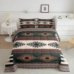 Feelyou Queen Size Western Theme Microfiber Comforter Set - 3Pcs Southwest Pattern Decorative Bedding Set with Cowboy Aztec, Native Indian Tribal Navajo Designs in Blue, Brown, Beige