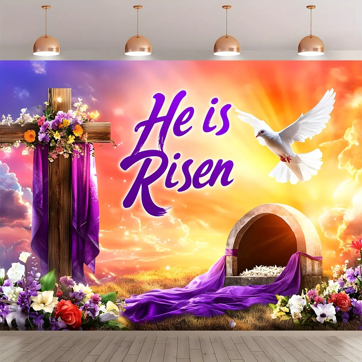 1PC 2D Flat Easter Polyester Photography Backdrop Banner - Jesus Resurrection Scene Decor Cloth with Cross, Dove, Flowers, Stone Tomb, Reusable for Church Activities, Birthday Party Shooting Background Curtain