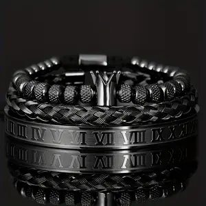 1pc NZUDMI Men's Stainless Steel Roman Royal Crown Charm Bracelet - Adjustable Open Cuff Geometric Black Metal Jewelry, 7-7.5 Inch Couple Gift for Him, Men's Fashion Accessory, Sophisticated Accessory, Luxurious Finish