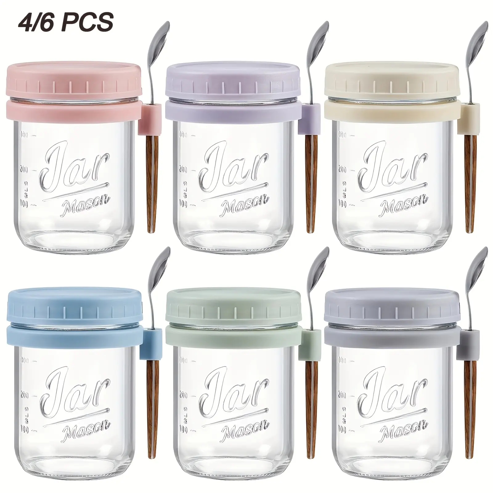 4-6 Piece Round Mason Jar Oatmeal Cup Set Pack with Lid-Sealed Lids & Spoons, Home Organizer Meal Prep & Food Storage Containers, Maintains Freshness Storage Bottles & Jars for Overnight Oats, Yogurt, Meal Prep Containers