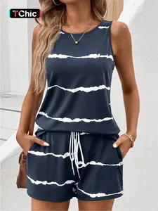 Women's Striped Print Tank Top & Elastic Waist Shorts Loungewear Two-piece Set, Casual   Round Neck Sleeveless Top & Shorts Pj Set, Ladies Summer Sleepwear, Womenswear