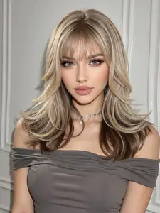 20 Inch Curly Hair Wig, Gradient, Synthetic Fiber with Bangs, Lightweight Comfortable, Suitable for Daily Use, All Seasons, Synthetic Curly Wigs