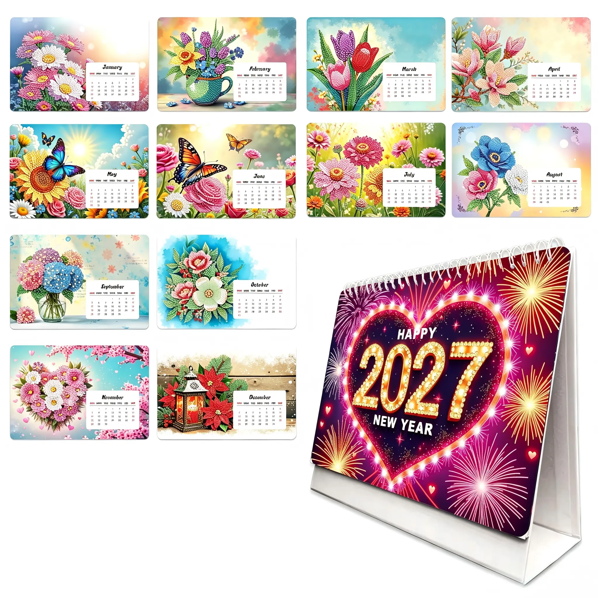 2027 Diamond Painting Desk Calendar, DIY Rhinestone Desktop Decoration, 1-Year (Jan-Dec) with 12 Floral Illustrations, Markable Schedule Area, High-Gloss Special-Shaped Rhinestones, Christmas Gift for Family and Friends (Suitable for All Festivals), Diy D