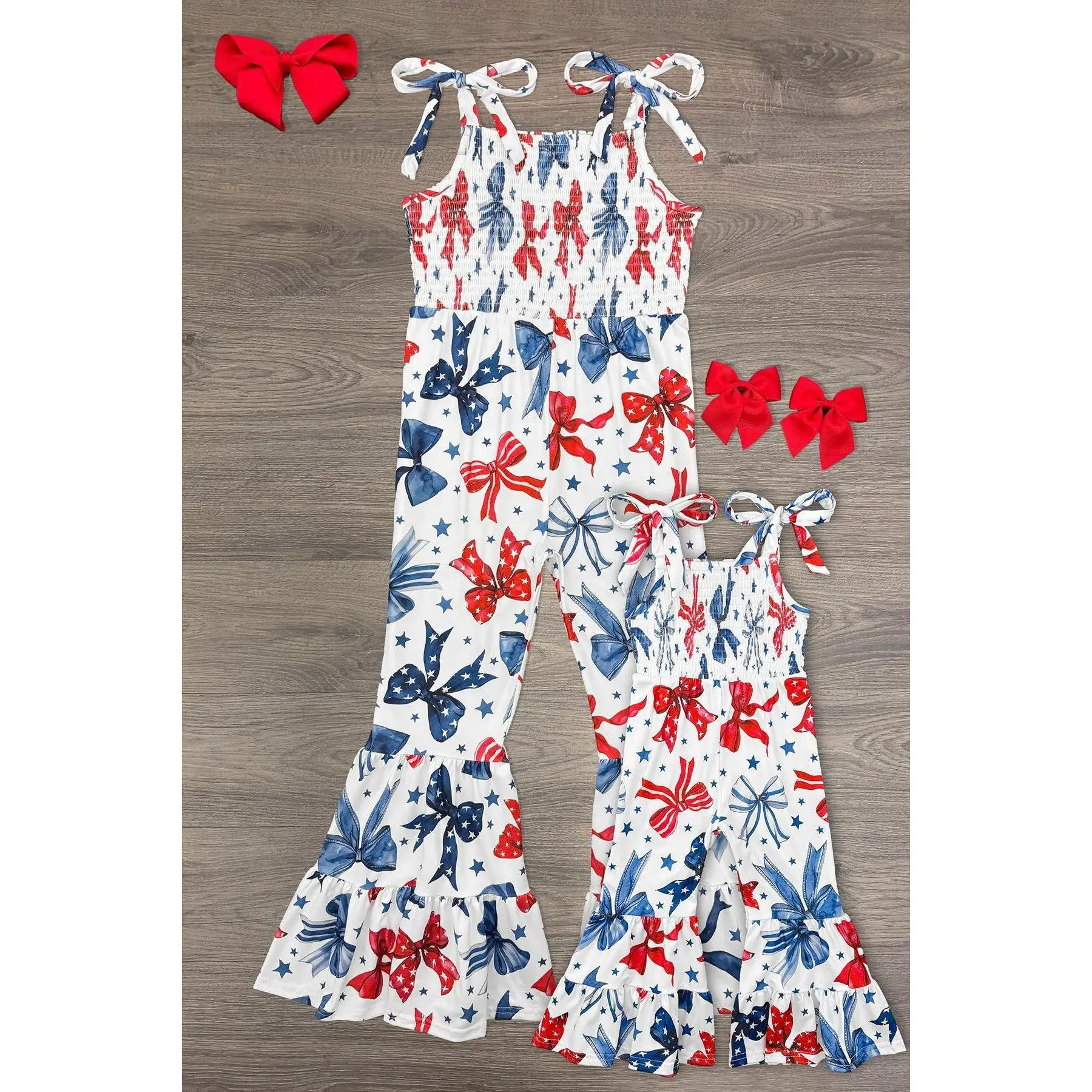 Mom & Me Matching Breathable Clothes - Sleeveless Feminine Red White Stripes Bow Print Flare Leg Jumpsuit with Soft Fabric, Tie Shoulder Straps for Day Wear