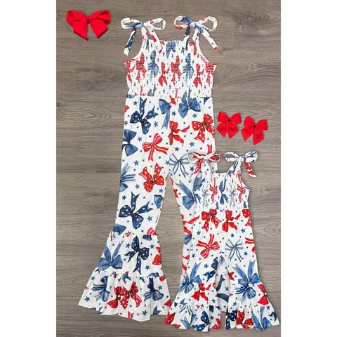 Mom & Me Feminine Family Clothing Set - Women's 1X Sleeveless Red White Striped Bow Print Flare Leg Jumpsuit, Soft R/W/B Fabric, Tie Shoulder Straps, Fitted Design, Pockets, Breathable, Easy Wear All Day, Holiday 4th of July Festivities