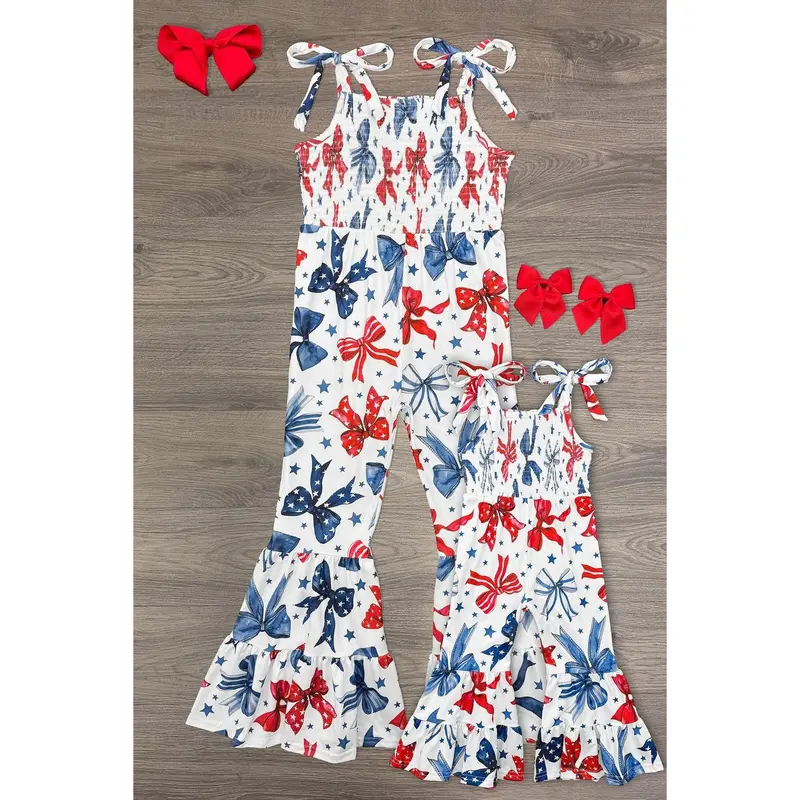 Mom & Me Feminine Family Clothing Set - Women's 1X Sleeveless Red White Striped Bow Print Flare Leg Jumpsuit, Soft R/W/B Fabric, Tie Shoulder Straps, Fitted Design, Pockets, Breathable, Easy Wear All Day, Holiday 4th of July Festivities