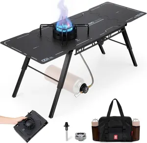Alocs Camping Gas Stove, IGT Camp Table with Outdoor Stove, Folding Picnic Table with Portable Solo Stove, Carrying Bag, for Beach, Grilling, Hiking, Fishing, Tailgating, Backyard