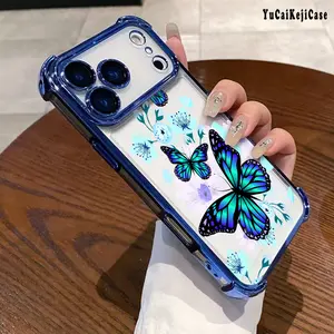Powder Butterfly Electroplated Four-corner Anti-fall Mobile Phone Case Suitable for iPhone 17/ 16/15/14/13/12/11,E, Pro Max, Plus Mobile Phone Protective Cover Anti-fall Protection Shell Printed Pattern Soft Protective Case iphone 14 Shockproof Durable