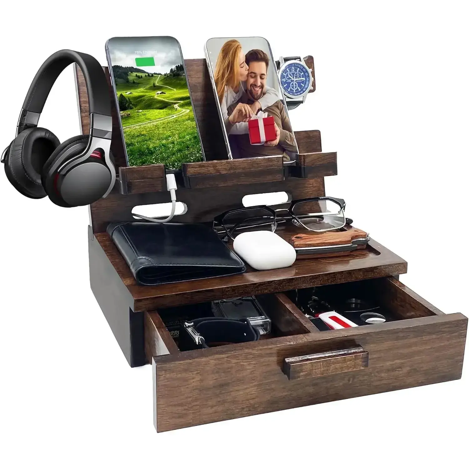 Walnut Wood Mobile Phone Docking Station with Hidden Drawer - Phone Mount, Office Desk Organizer Accessory, Nightstand Tidy, Birthday Gift for Men (Husband, Boyfriend), Mobile Phone Stand