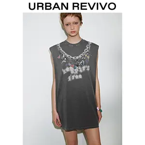 URBAN REVIVO Women's Straight Sleeveless Oversized Cotton T-Shirt Dress - UYV750056, Trendy 2026 Festival Casual Wear, Stretchy Comfortable Fabric, Pockets, Elegance, Women's Clothes