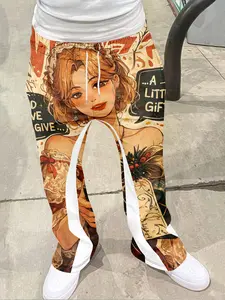 Men's streetwear retro flared pants, anime style printed Fitted Aesthetic casual sweatpants, a fusion of "ethnic style+street style", drawstring waistband+white stripes on the sides+tassel decoration on the hem, combining decorative and casual feel