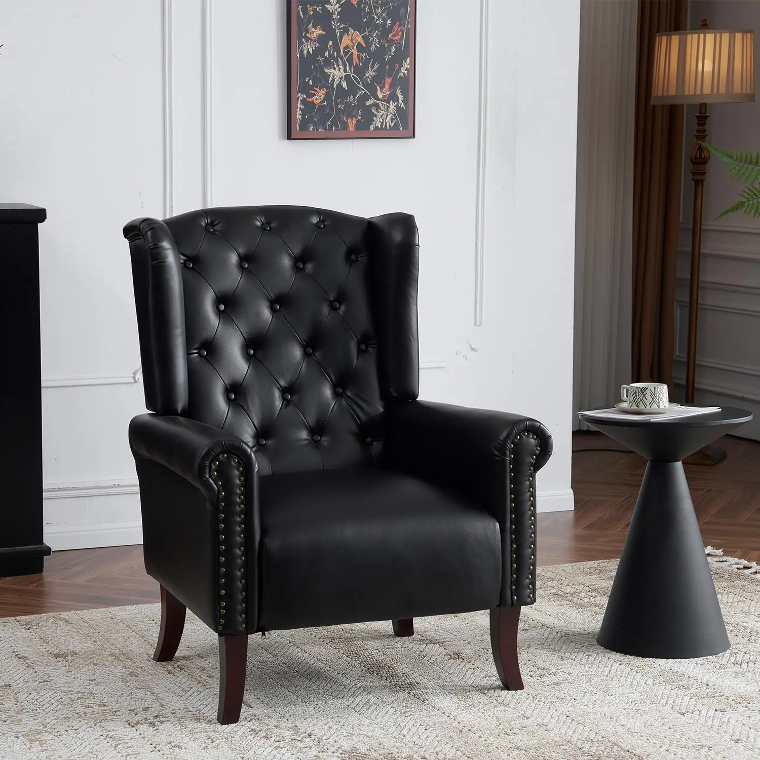MOJAY Mid-Century Faux Leather Single Armchair - Comfy Accent Chair, Guest Chair with Studded Trim, Thick Cushion, Fixed Arms, Solid Back, Solid Wood Legs for Living Room, Bedroom, Terraces Durable Seating, Faux Leather Armchair