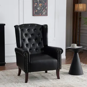 MOJAY Mid-Century PU Leather Accent Chair with Studded Trim Thick Cushion and Solid Wood Feet Single Lounge Chair for Living Room or Bedroom