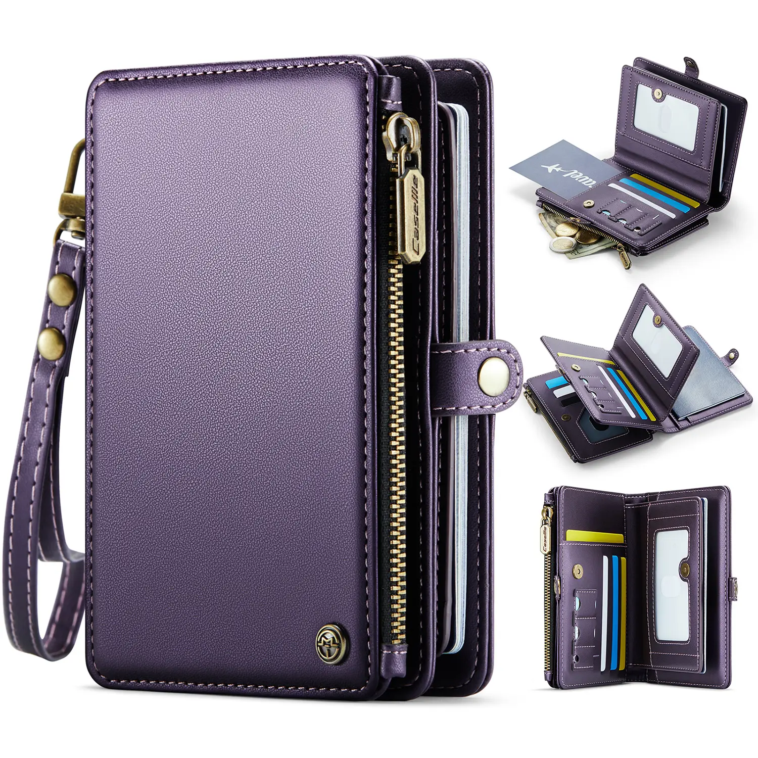 RFID Blocking Passport Wallet with Built-In AirTag Holder Slot, Large Capacity Travel Document Organizer with 11 Card Slots, Zipper Pocket & Detachable Wristlet for Men Women