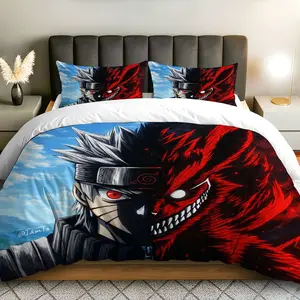 3PCS Duvet Cover Set, 1 Duvet+2 Pillowcases(Without filler), Ninja Anime Red Dark Sky theme, Birthday bedding set, Decorative Bedding Set, Design Suitable for decoration Bedroom Dorm Room Living Room Teen Room.