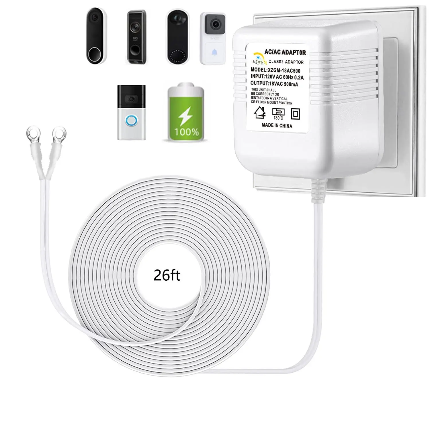Video doorbell Special Power Transformer, 18V500MA Ring doorbell Power Adapter, Compatible with Ring, Nest, Eufy, , Arlo  Video doorbell (with 315in  White)
