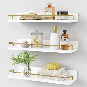 Gold Floating Shelves for Wall Decor Set of 3, Bathroom Shelves Over Toilet, Modern Display Wall Shelf with Guard Rail for Living Room Bedroom Organizers and Storage - White and Gold